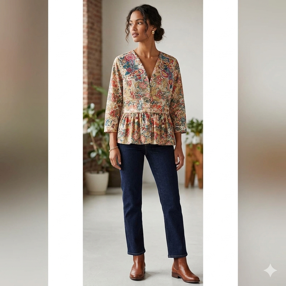 Soft Surroundings Ariege Beaded Floral Embroidery Boho Peplum Jacket PTP 21
